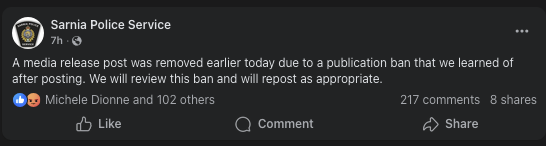 Sarnia Police post about publication ban