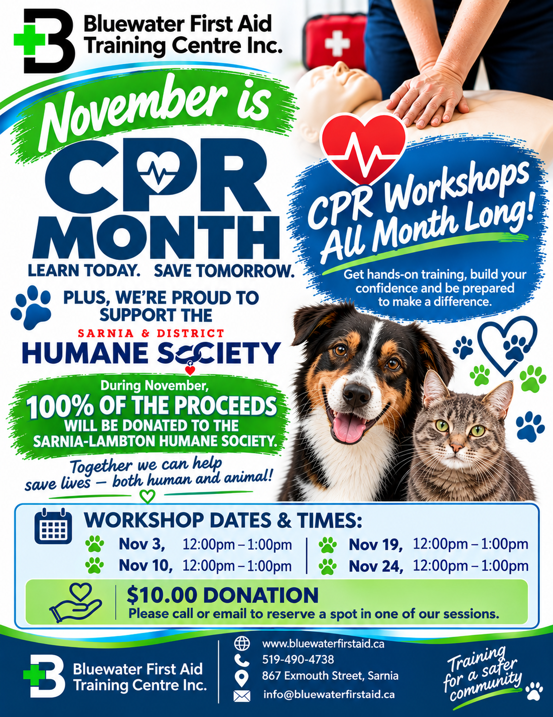 Poster for November CPR awareness workshops at Bluewater First Aid in Sarnia supporting the Sarnia and District Humane Society